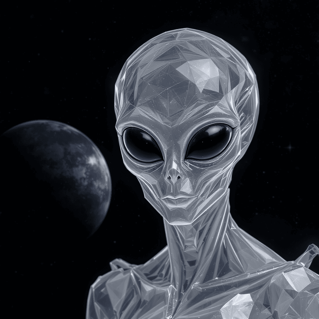 AI generated: an alien made of crystal::2 big shiny black eyes, soulful eyes::planet in the background --v 4 --q 2...
