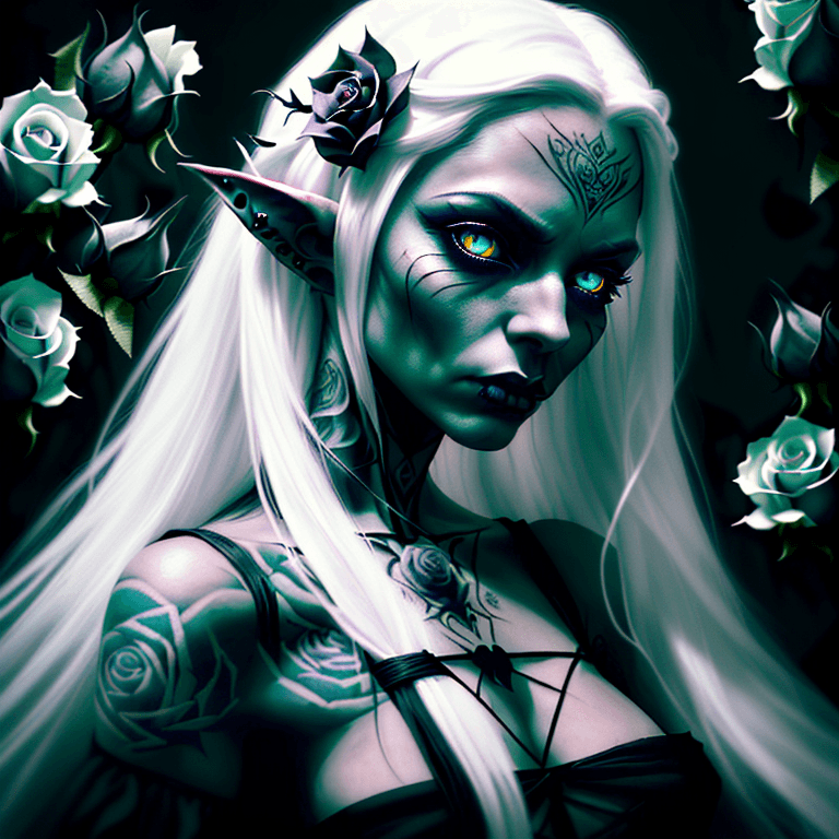 AI generated: Beautiful witch, long flowing retro hair, flowers, roses, tattoos, eerie, pretty, magic, magical, ep...