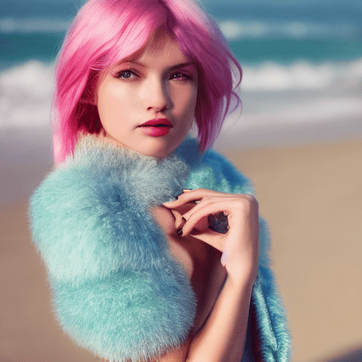 AI generated:  perfect smooth skin texture, fashion photography portrait of cute girl with iridescent pink hair, B...