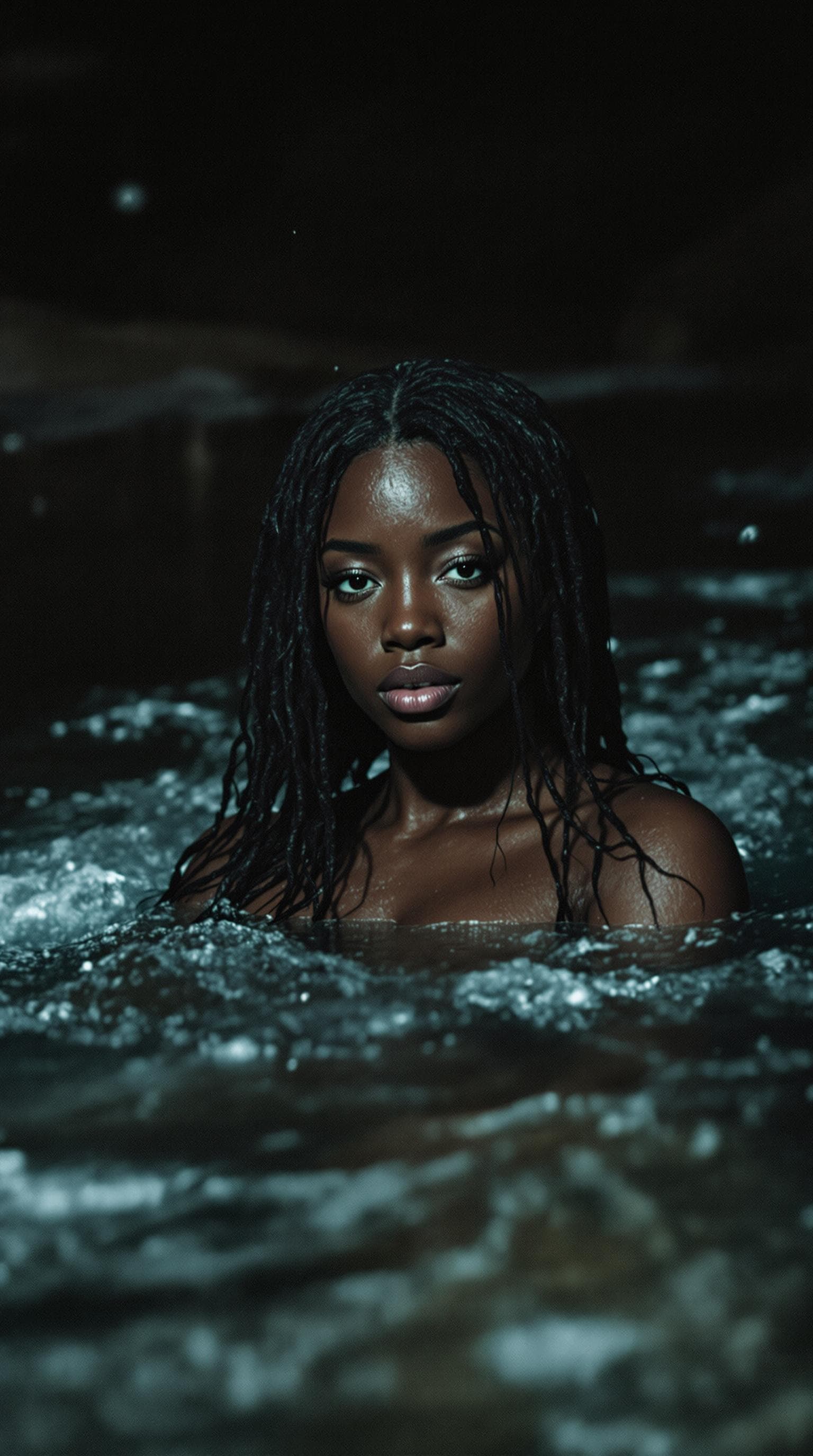 AI generated: hot spring in a river flow, a black African  woman with long wet  hair swims in the water, The image...