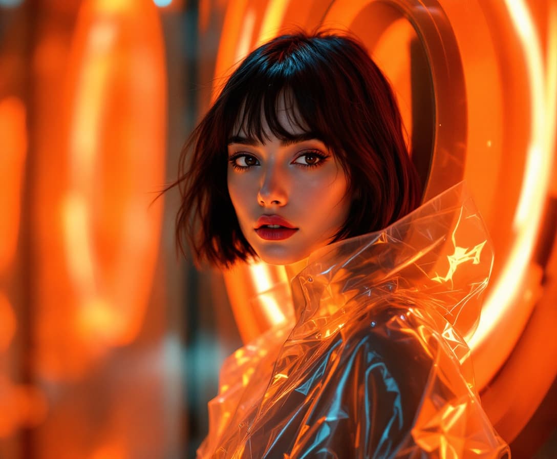 AI generated: dark haired woman is standing in front of orange light, in glossy transparent plastic futuristic rai...