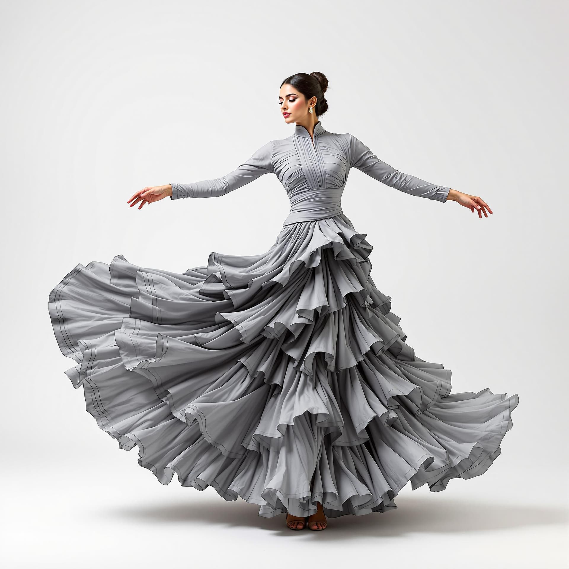 AI generated: The image is a full-length portrait of an Indian woman dancing in a flowing grey dress. The dress fe...