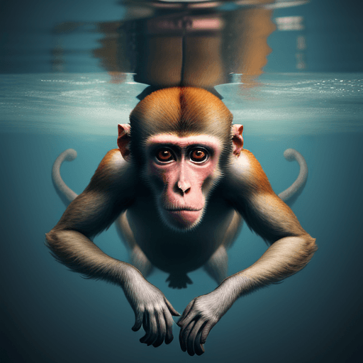 AI generated: Macaque swimming under water, , double exposure, crisp lines, complex background, by Erte --v 6