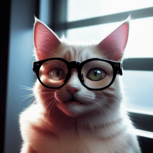 AI generated: cat + glasses, epic light, futuristic cute and smiling 