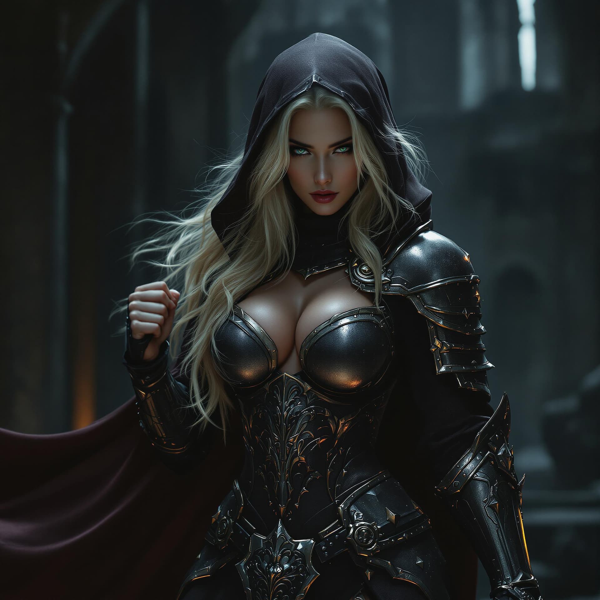 AI generated: a beautiful stunning female warrior large bosom in a fighting stance, posed within a dark, mystical ...