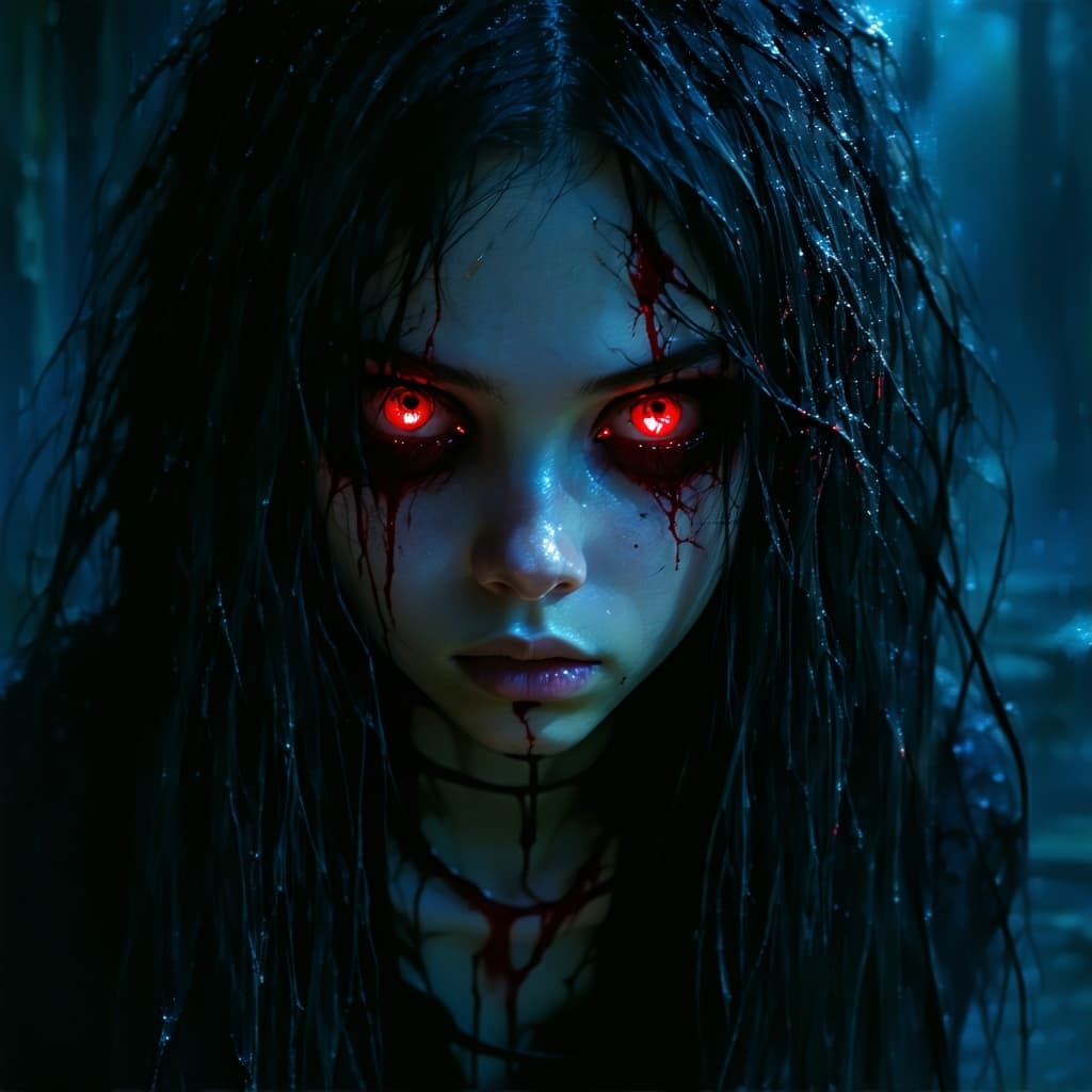 AI generated: in darkness, dark, demonic girl's face, glowing red eyes, long mess hair, brutal composition, scary ...