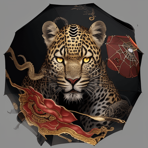 AI generated: The leopard head is ringed with eyes, the face is like a run-iron iron, transparent in black, transp...