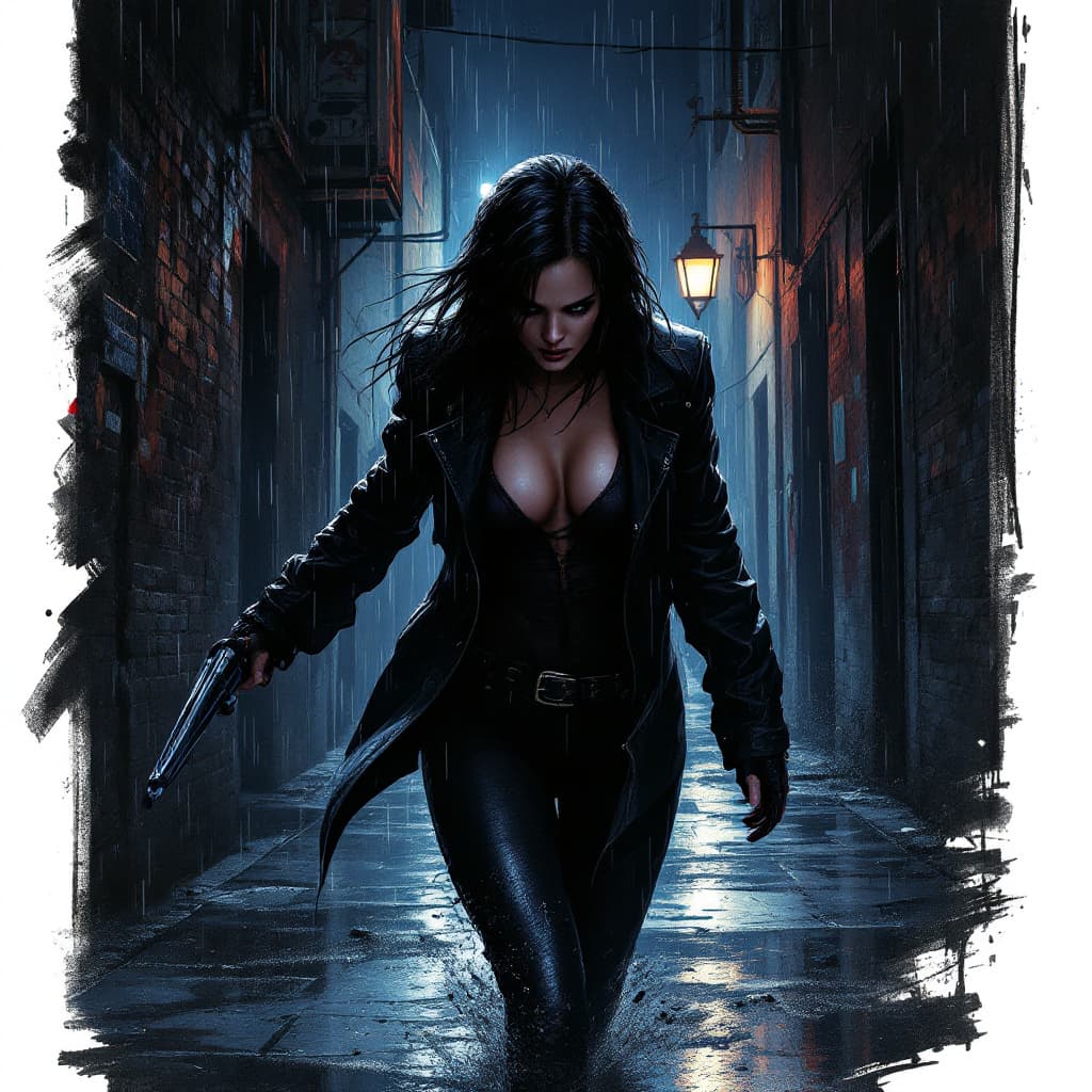 AI generated: Jill Valentine corriendo y escapando de némesis en un callejón de noche lloviendo 