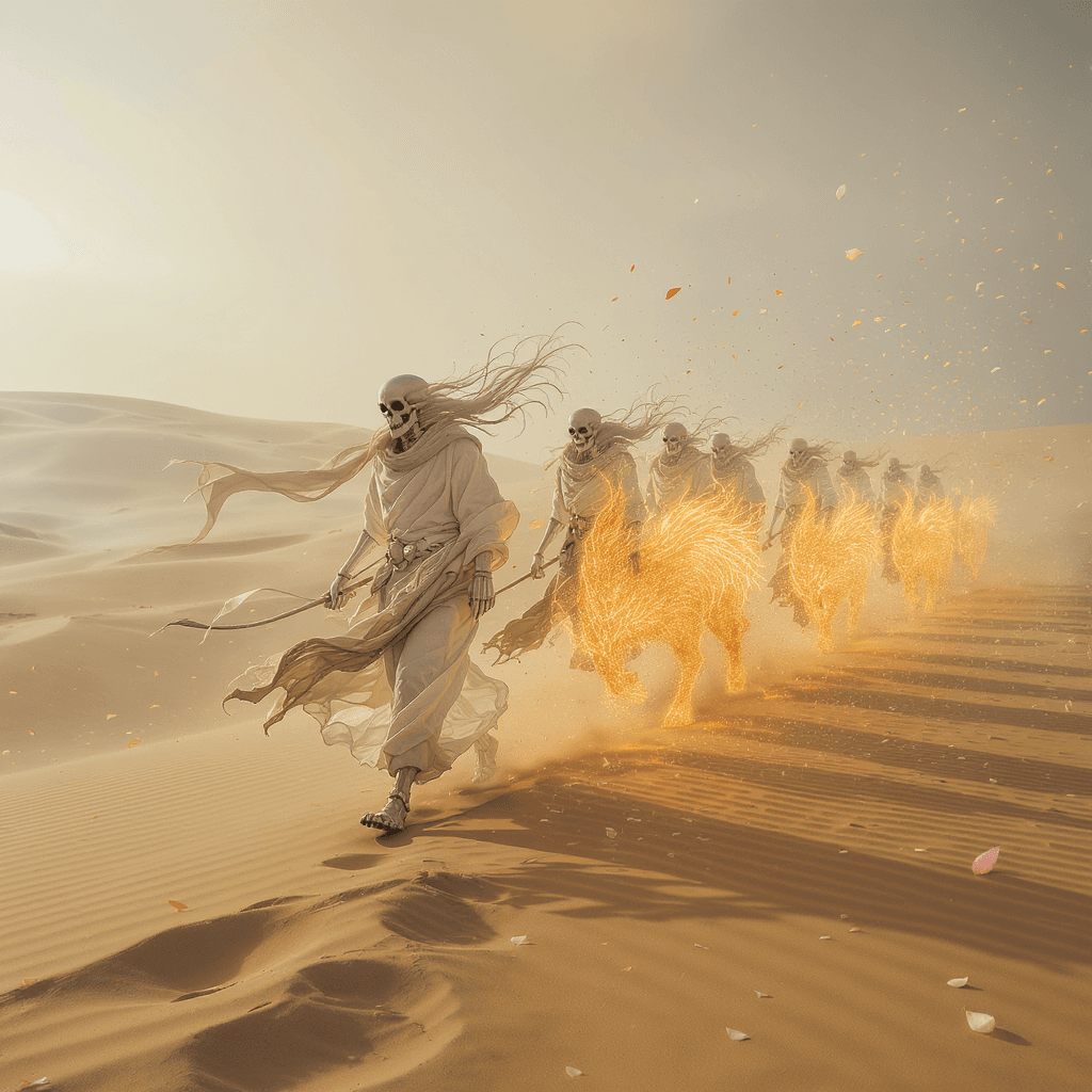 AI generated: spectral skeletons in flowing robes guide glowing spirit animals through the sands, with windblown p...