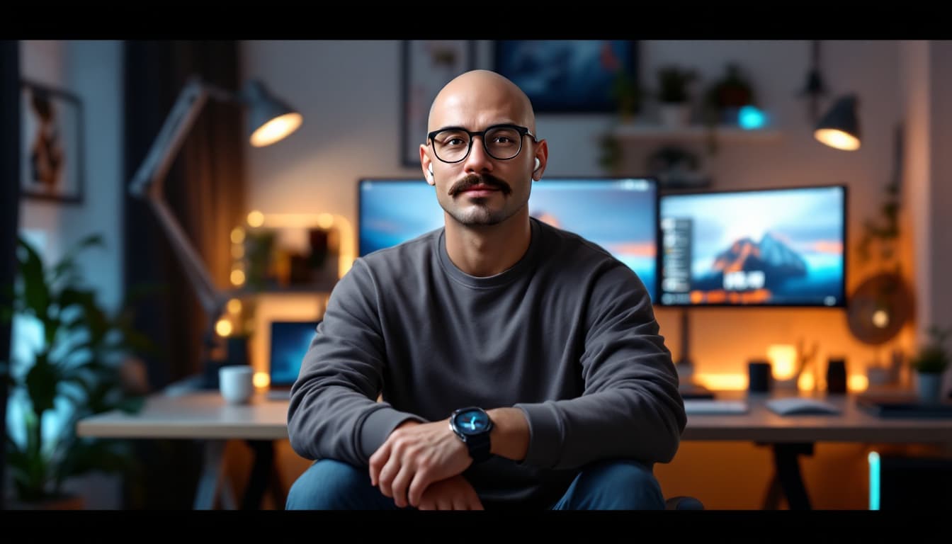 AI generated: Create a semi-realistic male avatar with light skin, a large build, bald head (Buzz Cut hair), a mus...