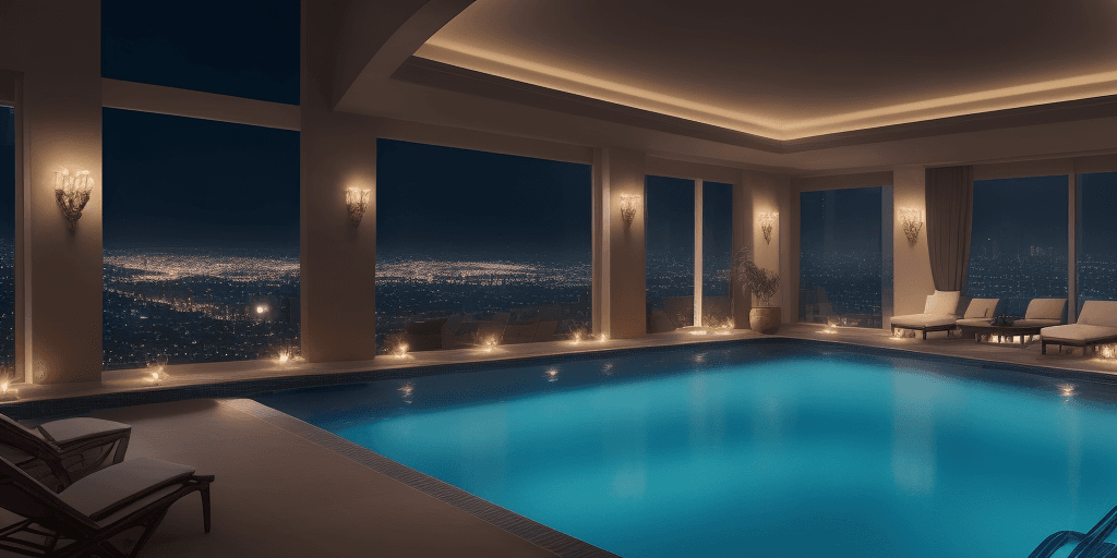 AI generated: luxury pool, city view, lights, cozy