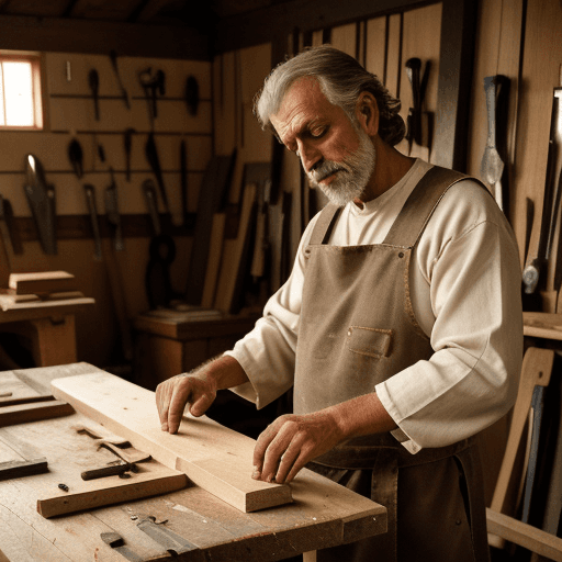 AI generated: Saint Joseph the carpenter, in his workshop working with wood