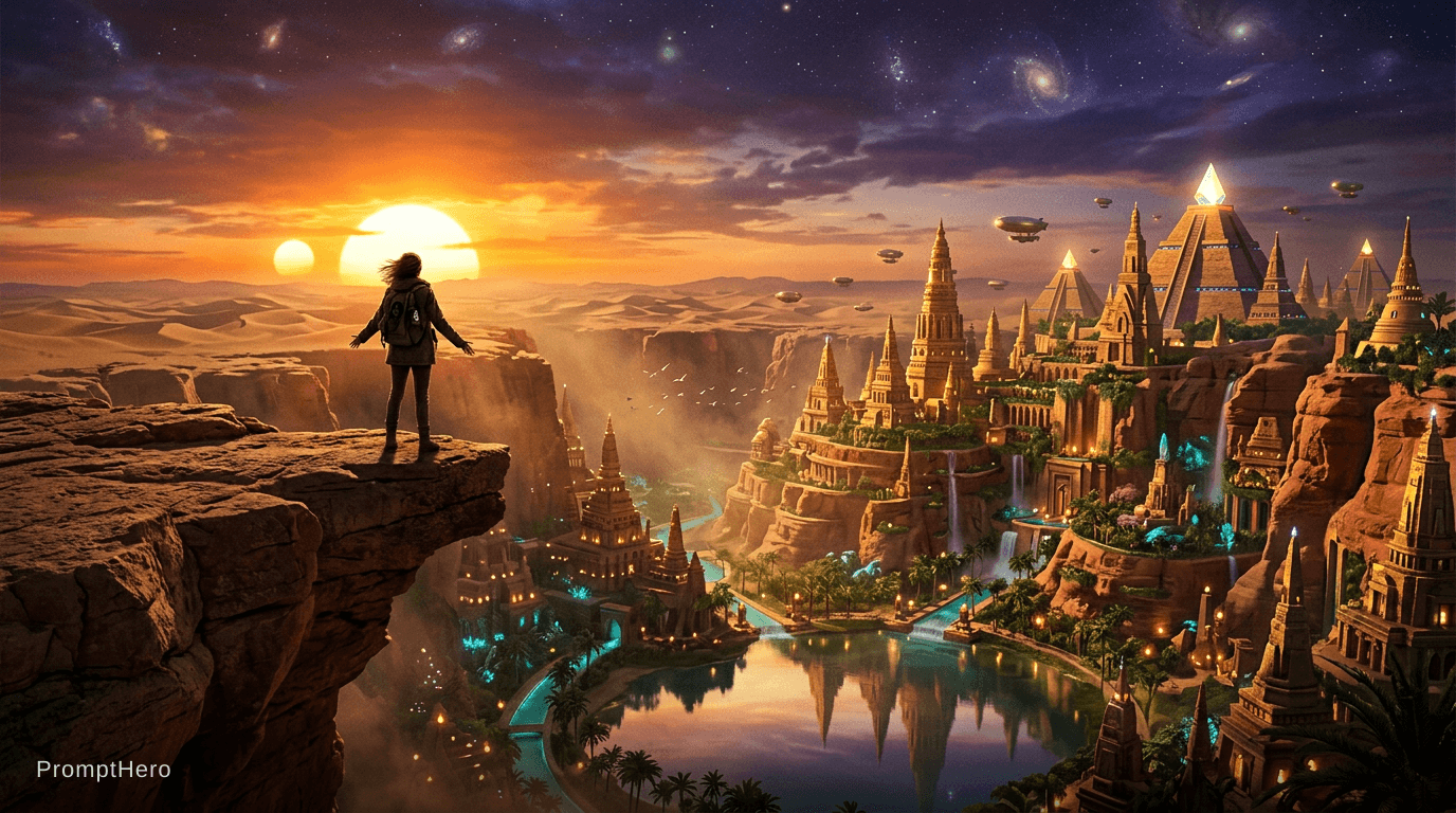 AI generated: The ultimate reveal shot. A lone figure stands at the very edge of a dramatic sandstone cliff, back ...