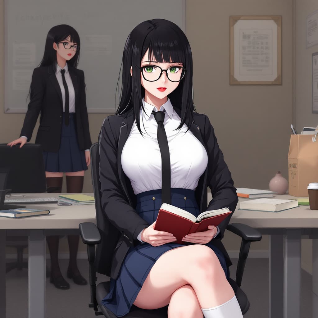 AI generated: anime, woman, black hair, long hair, green eyes, black glasses, red lips, white shirt, black tie, bl...