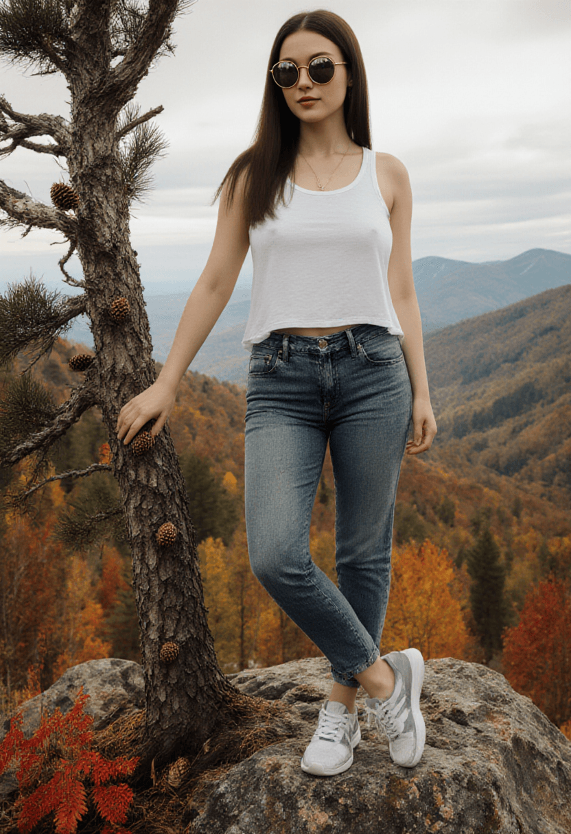 AI generated: A photorealistic portrait of a fit woman standing on a rocky mountain overlook during autumn, captur...
