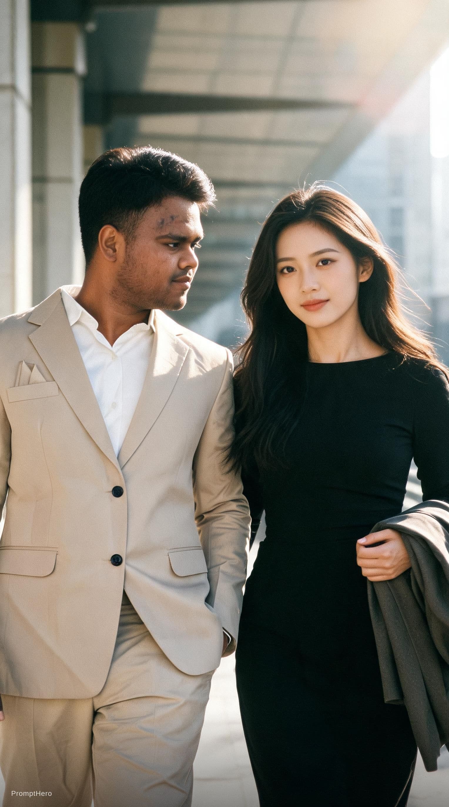 AI generated: A cinematic candid medium shot portrait of a man and a woman walking side by side along a bright urb...