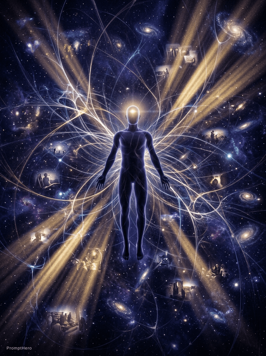 AI generated: A solitary translucent human silhouette floating in infinite indigo ether, third eye glowing softly ...