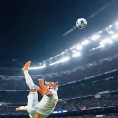 AI generated video: un tigre mutante marca un gol en el bernabeu, de chilena