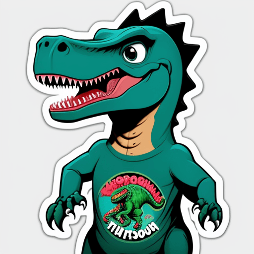 AI generated: A dinosaur, raptor, wearing a t-shirt, anthropomorphized,  Cartoon, playful, fun, sticker, bold, ste...