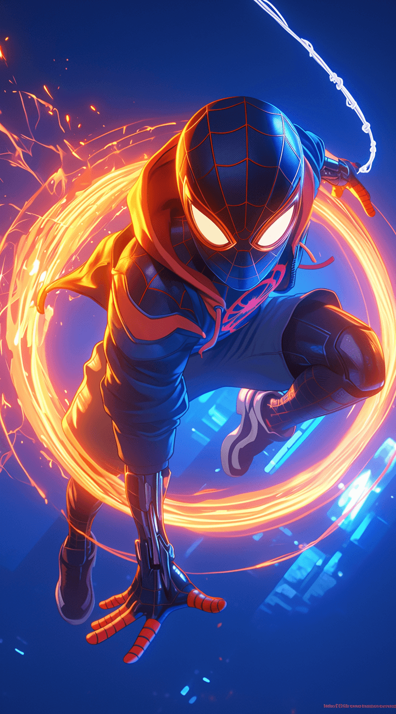 AI generated: Spider-Man in the style of Tron, with neon lights and a hyper-realistic, unreal engine-powered aesth...