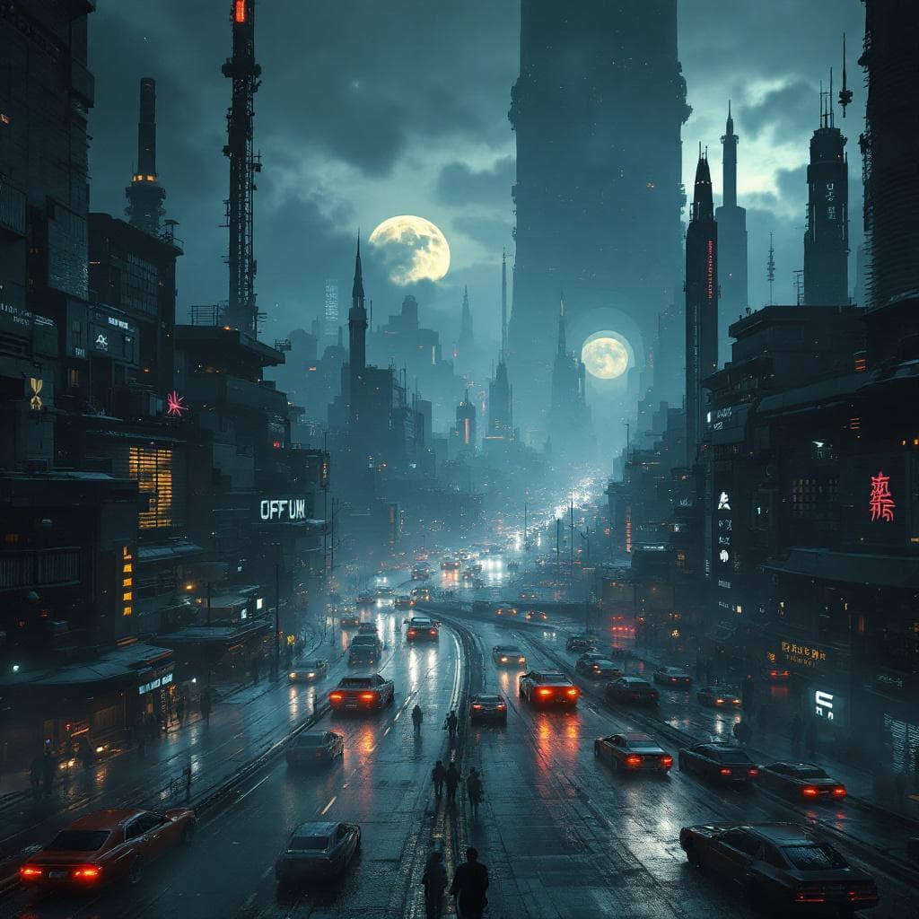 AI generated: midnight dynamic view, future city with massive cars and gigantic structures, dystopian bladerunner ...