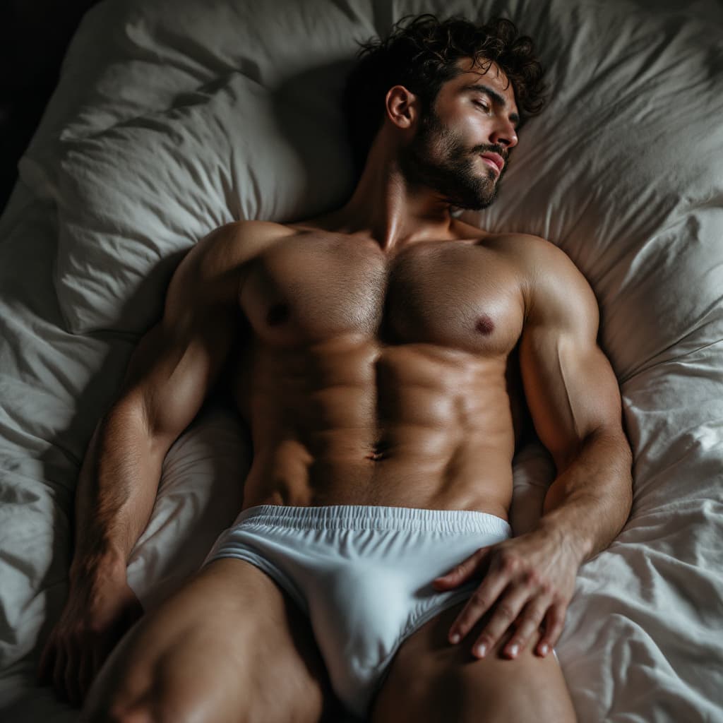AI generated: male model in underwear laying on bed ,bulge in pants