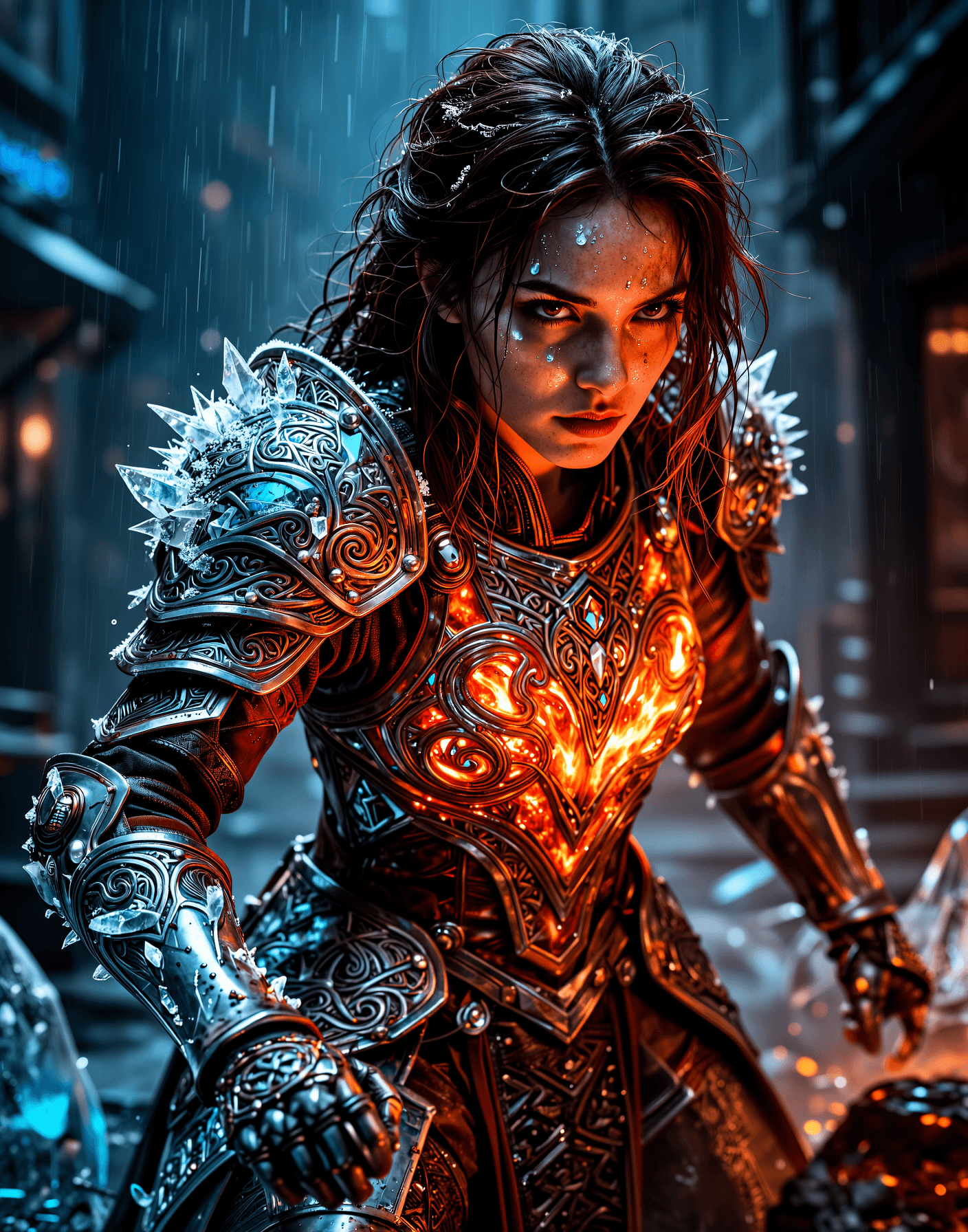 AI generated: A hyper-realistic female warrior with deep brown curls streaked with silvery highlights, crouching i...