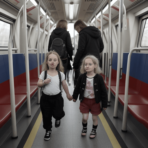 AI generated: Kleines üßes mächen im alter von 8 jahren zeigt in der Berliner u bahn unter ihren mini Faltenrock i...