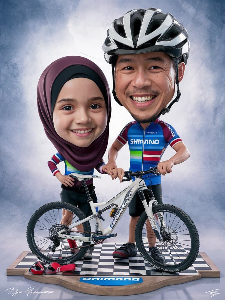 AI generated: realistic 4D caricature of a hijab girl and an Indonesian Man, 29 oyo, wearing a colorful shimano co...