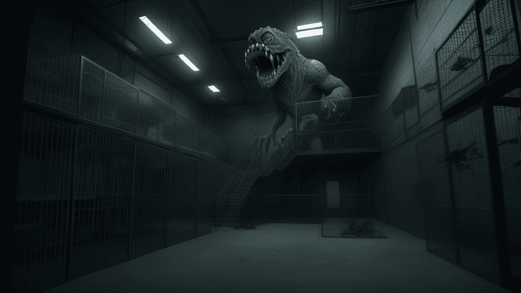 AI generated: A secret laboratory with cages with terrifying and sad monsters