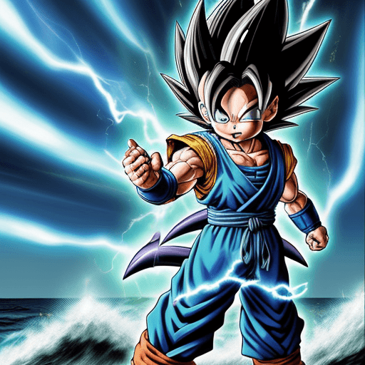 AI generated: Toriyama Akira's comic IP Super Saiyan Blue Vegito, charging Ki, on the the sea