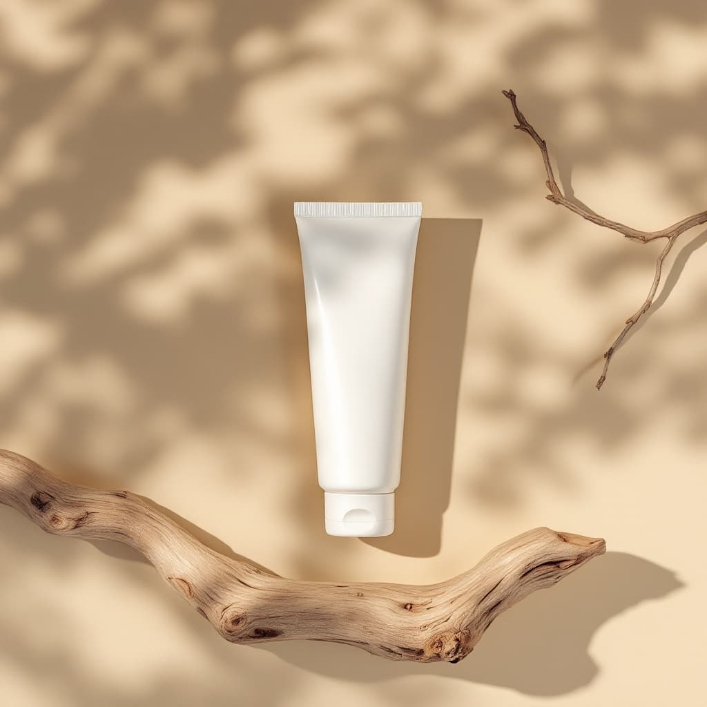 AI generated: A top down view of product photography, in muji style, a white skinny cream tube on top of an old wo...