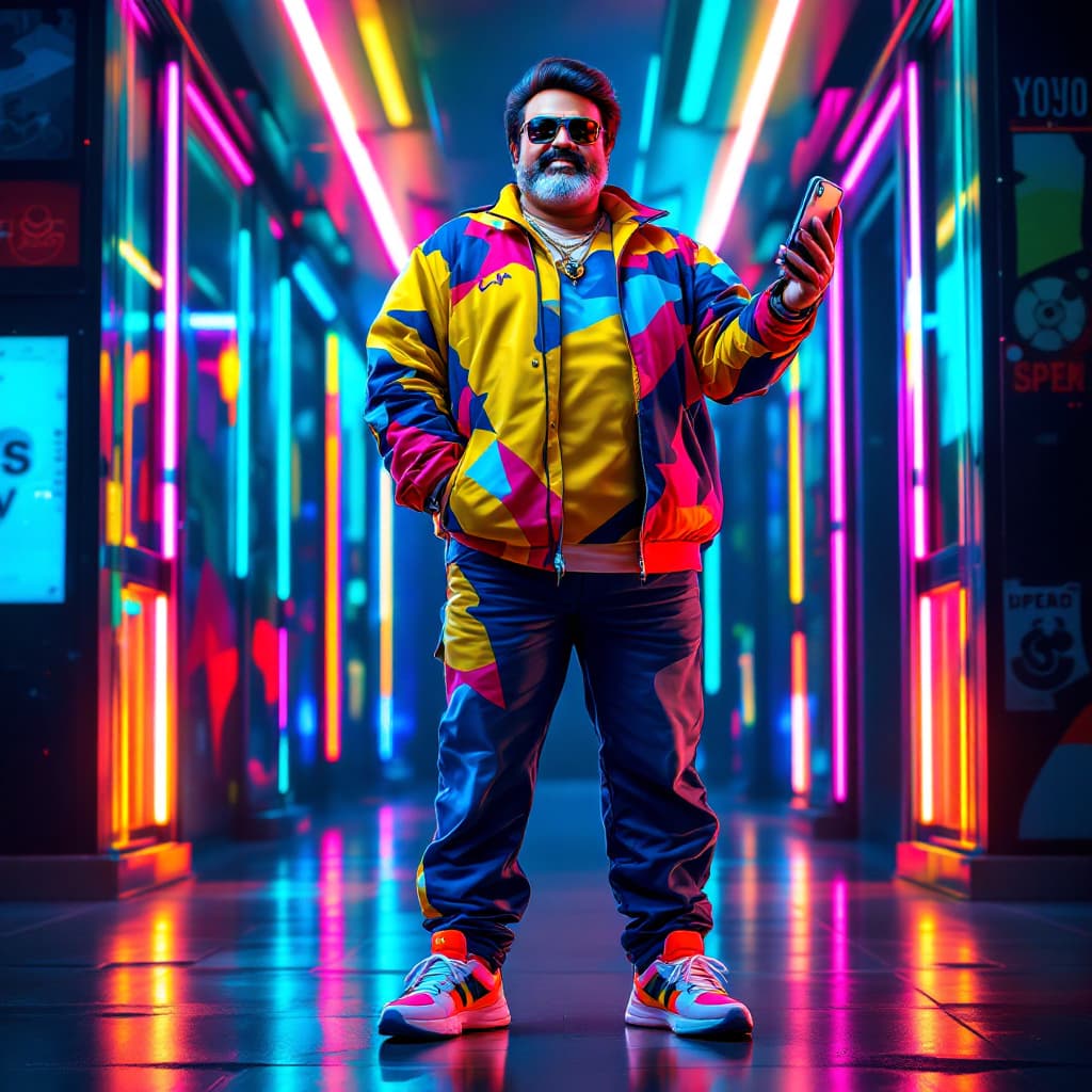 AI generated: A full-body image of Malayalam actor Mohanlal with perfect anatomy, standing in a confident contrapp...