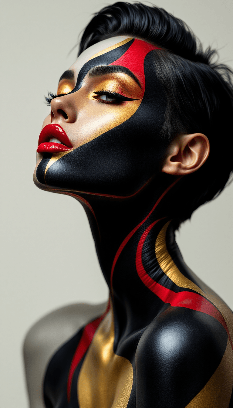 AI generated: A hyperrealistic portrayal of a woman showcasing an abstract body paint design with flowing lines an...
