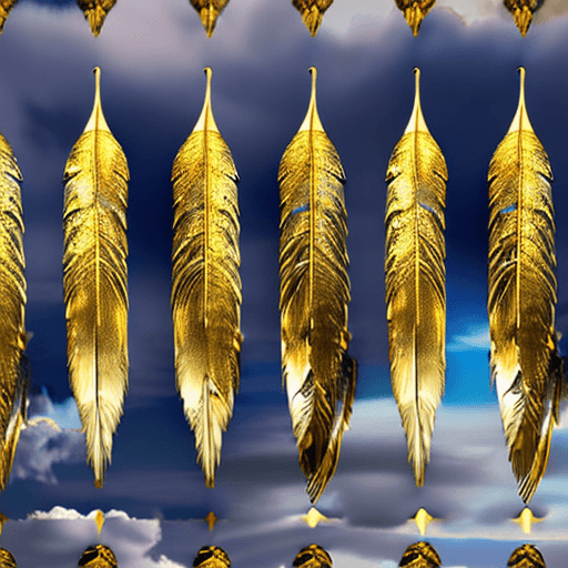 AI generated: High resolution background image of paradise, dreamy white and gold clouds with angelic feathers enc...