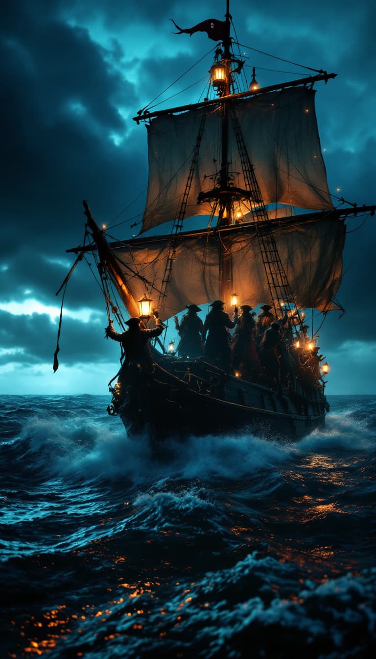 AI generated: A night time shot out on a stormy sea on an elaborate 1800s Spanish sailing treasure ship full of pi...