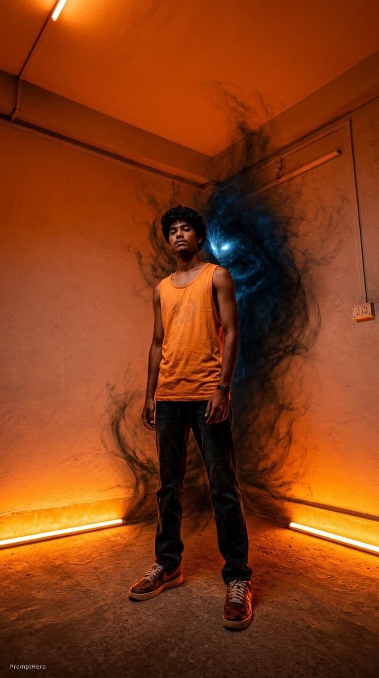 AI generated: editorial photography, male model, 50mm f/1.2 RF lens, f/2.8 set, 1/160s, iso 100, gradient neon ora...