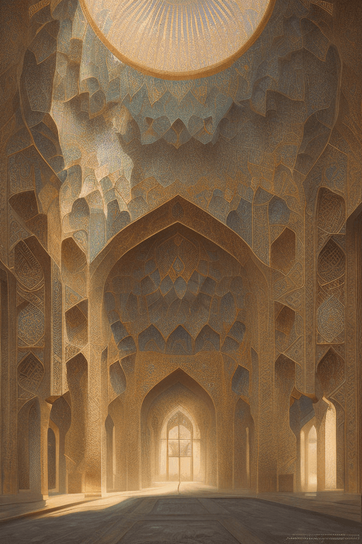 AI generated: Persian architecture, temple volume atrium light full of rose, hanging gardens, vibrant flowers, arc...