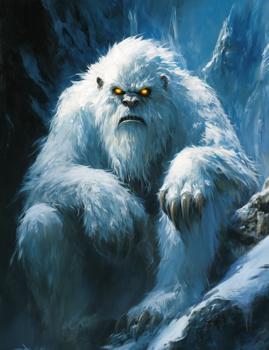 AI generated: Frank Frazetta painting of a white yeti with yellow eyes, in a dark blue cave, epic fantasy. --ar 92...