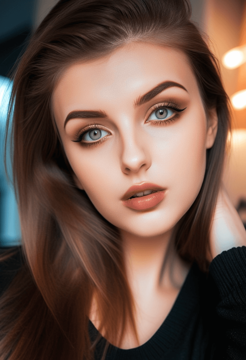 AI generated: This is a photograph of a woman with long, straight, dark, brunette hair. Her lips are full with a l...