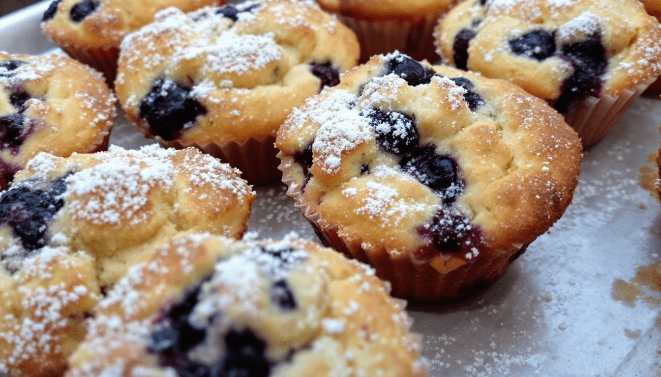 AI generated: A tray of golden brown muffins with blueberries, dusted with powdered sugar.