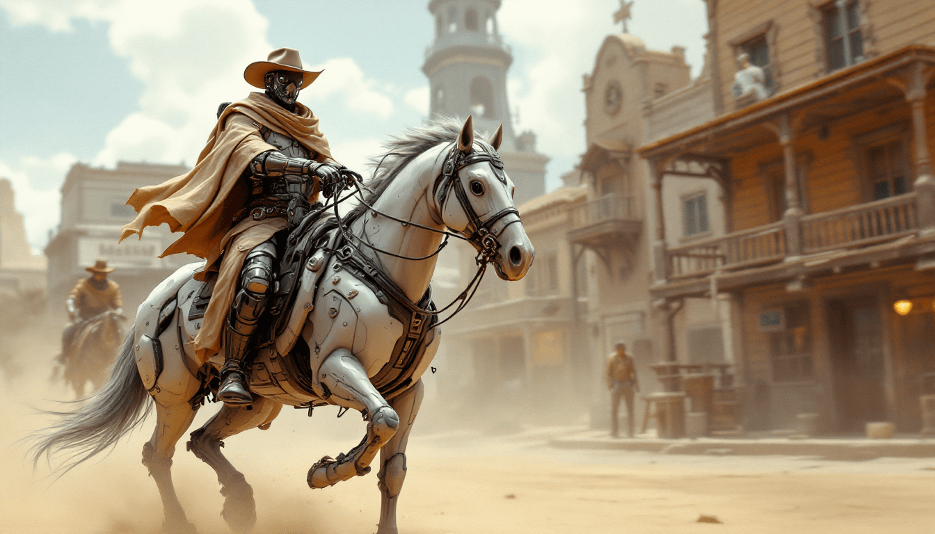 AI generated: A cyber-enhanced cowboy in the 'Cybernetic Wild West', with robotic limbs and high-tech gear, riding...