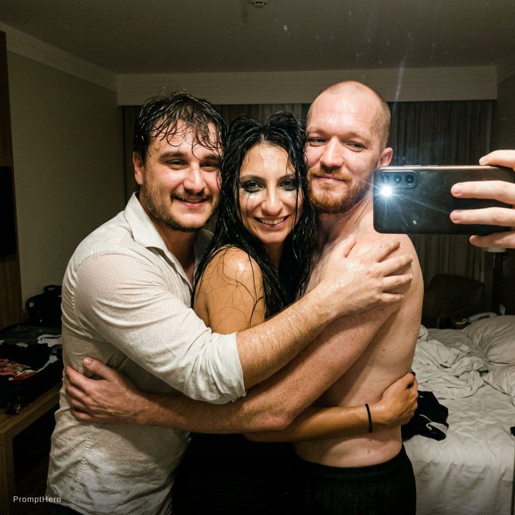 AI generated: Hotel bedroom, mirror selfie, slight camera flash, dim lighting. The man on the left and the girl in...