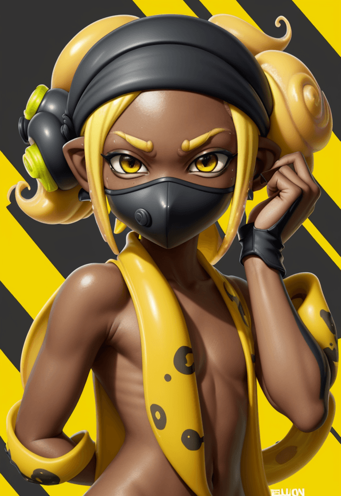 AI generated:  splatoon, inkling, dark skin, visor, yellow hair, mindless, face mask, spiral, enlarged proportions