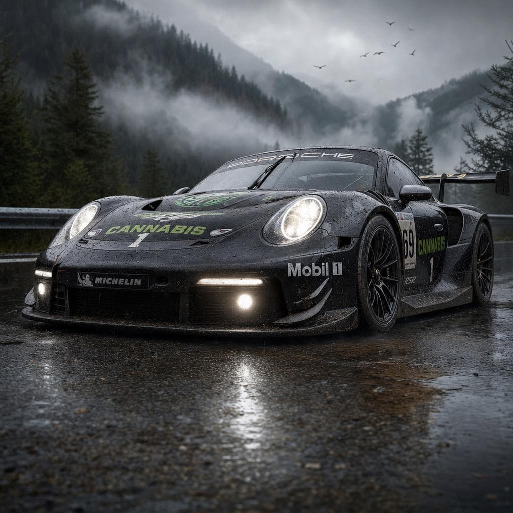 AI generated: A hyper-realistic scene of a Porsche 911 RSR race car parked on a rain-soaked asphalt road with a mu...