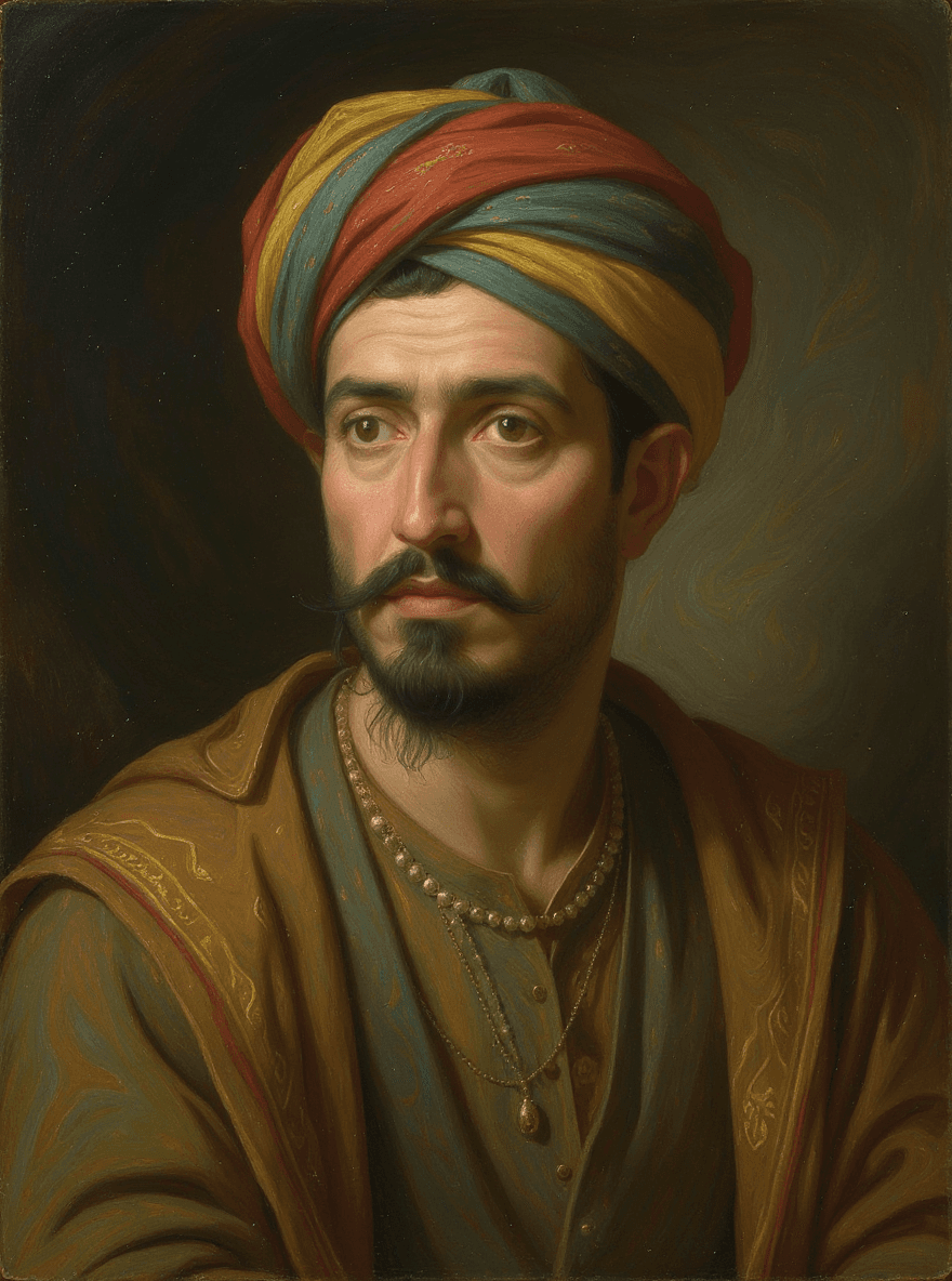 AI generated: Portrait of an handsome aristocratic Mughal man with a mustache, wearing colorful and headwear in th...