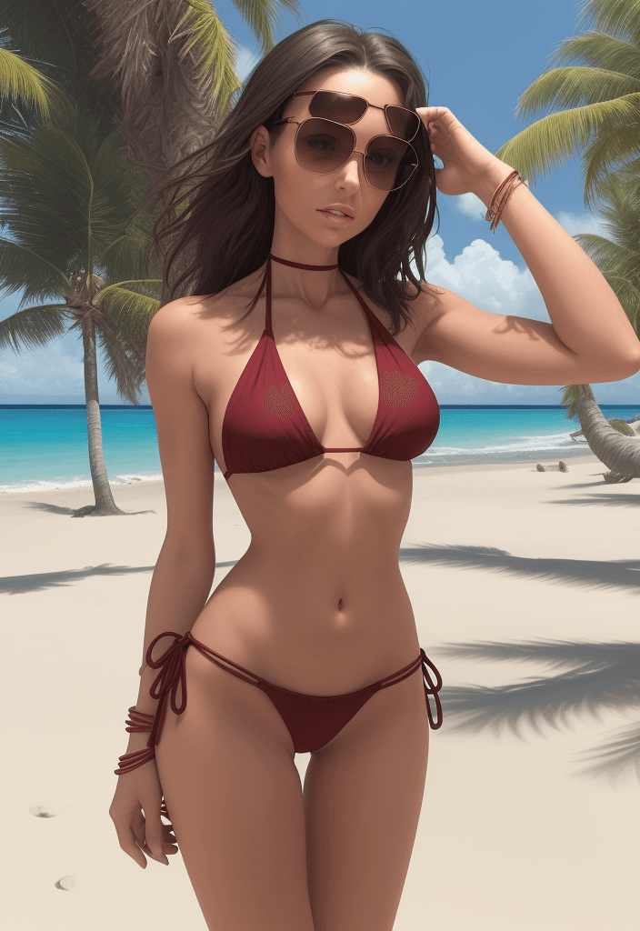 AI generated:  an image of a young woman standing on a sandy beach. She should have a toned figure and medium-leng...