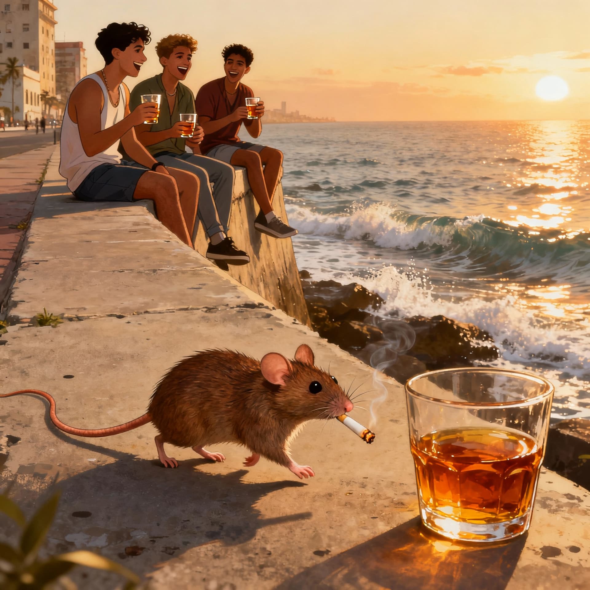 AI generated: un raton fumando pasea por el malecon de la Habana mientras observa jovenes bebiendo ron

