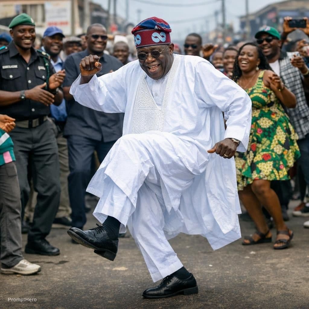 AI generated: A Nigeria president (Bola Ahmed Tinibu)  dancing in the street 