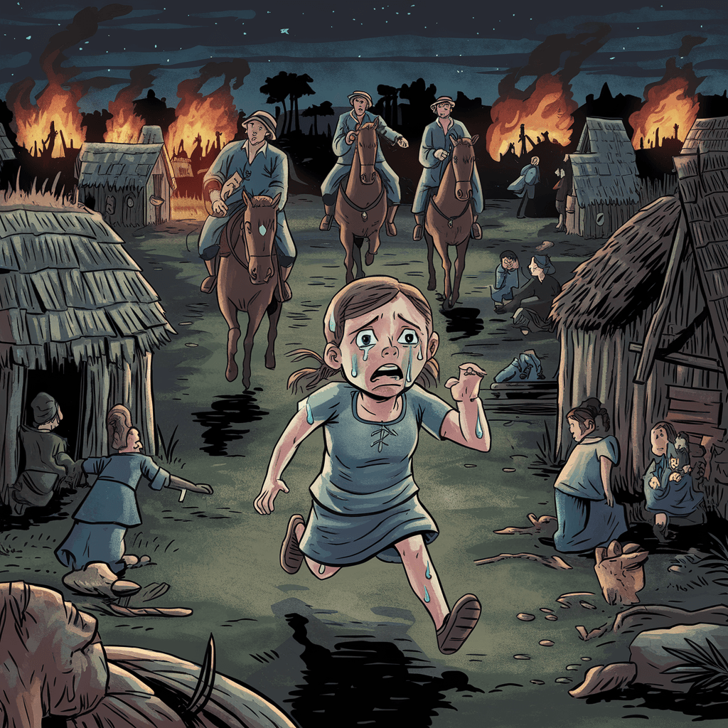 AI generated: A girl running away from men riding horses and capturing people in a village with fear and sweat on ...